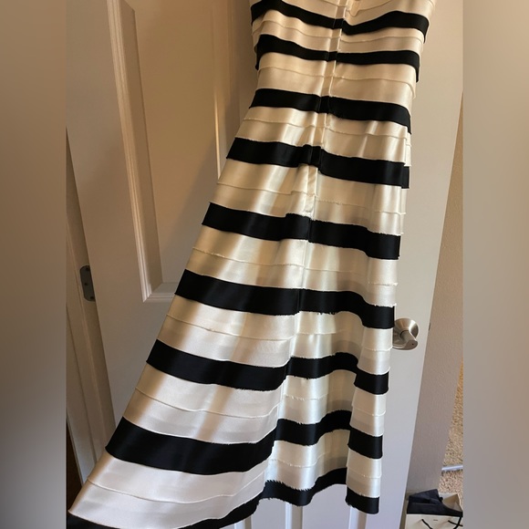 BCBG White w Black Stripes Mid Length Strapless Gown - Picture 2 of 5